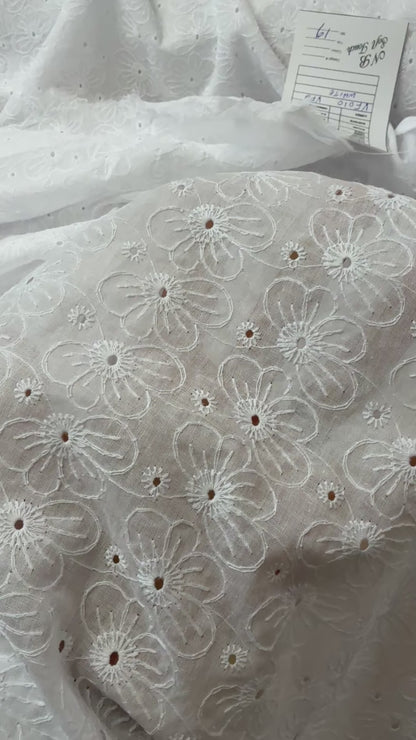Embroidered Eyelet Cotton Voile - Medium Flowers - Ivory