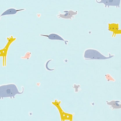 Organic Cotton Sheeting - Tout Petit Deux - Blue Animals Whale & Giraffes - GOTS