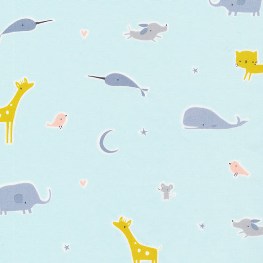 19" Remnant - Organic Cotton Sheeting - Tout Petit Deux - Blue Animals Whale & Giraffes - GOTS