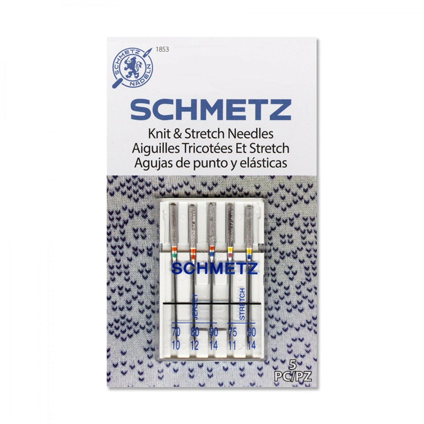 Schmetz #1853 Knit & Stretch Needles Carded - Assorted Size - 70/10, 80/12, 90/14 - 5 count