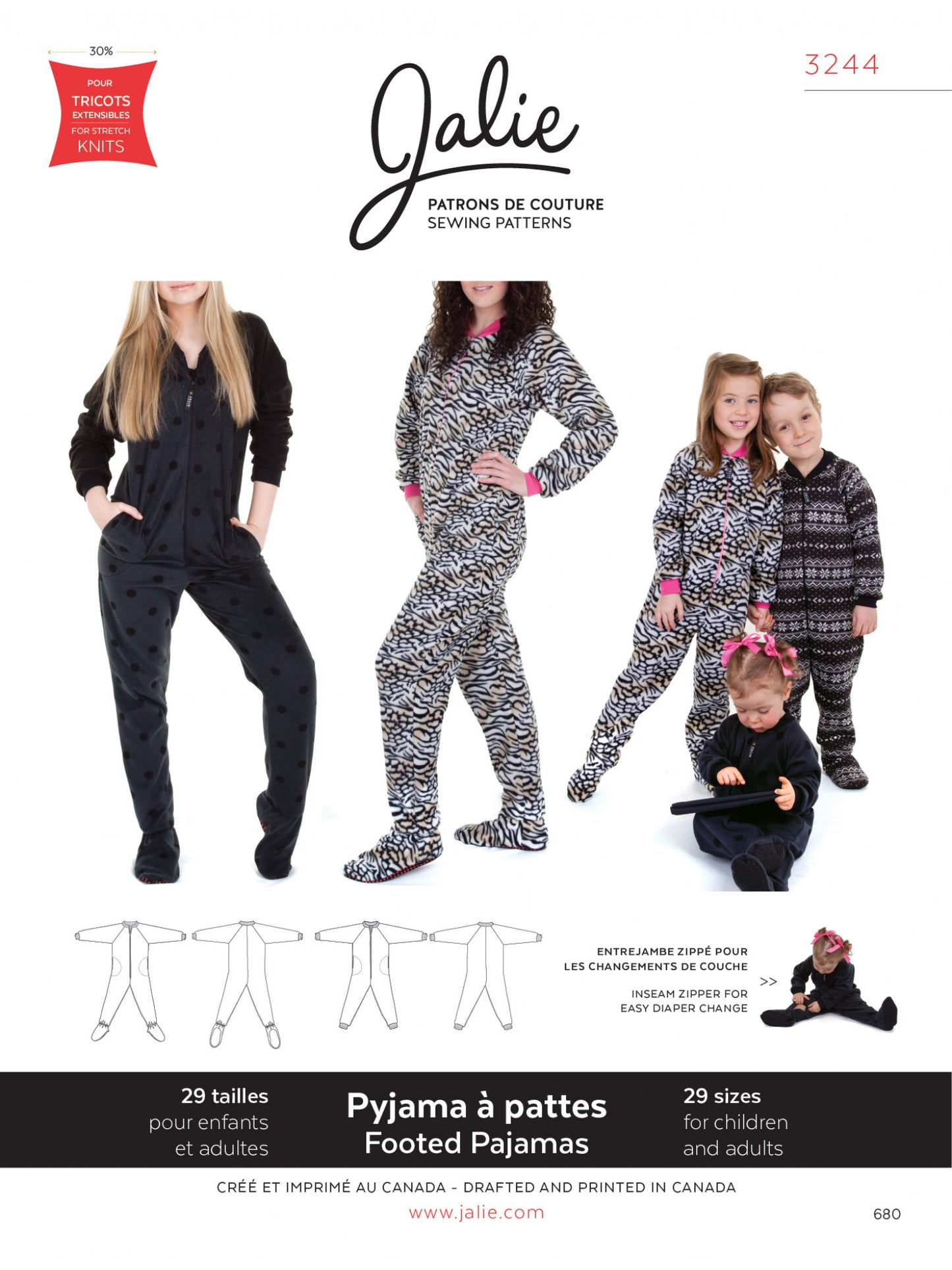 Jalie - 3244 - Footed pajamas for Men, Women and Children