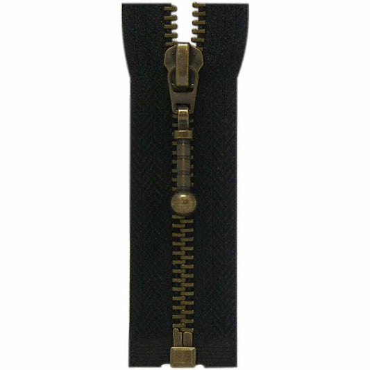 One Way Separating Zipper 55cm (22″) - Black & Antique Brass - Riverside Fabrics
