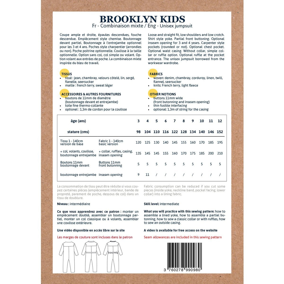 Ikatee - BROOKLYN Kids Jumpsuit - Kids 3/12Y - Paper Sewing Pattern