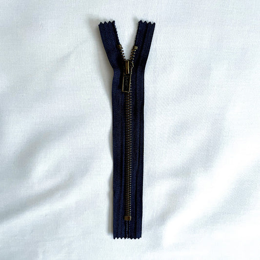 #5 Antique Brass Jean Zippers - 6" - Navy - Close Ended