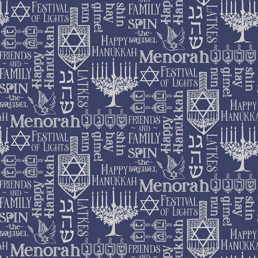 Festival Of Lights - Hanukkah Symbols - Metallic Silver on Blue - Cotton Fabric