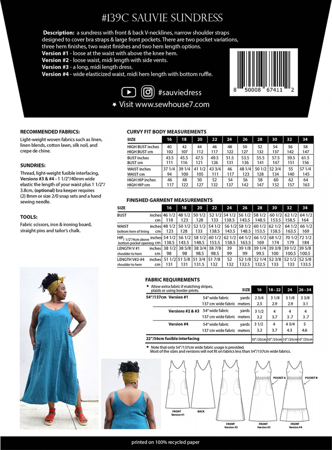 Sew House Seven - Sauvie Dress Sewing Pattern - Curvy Fit -  16-34