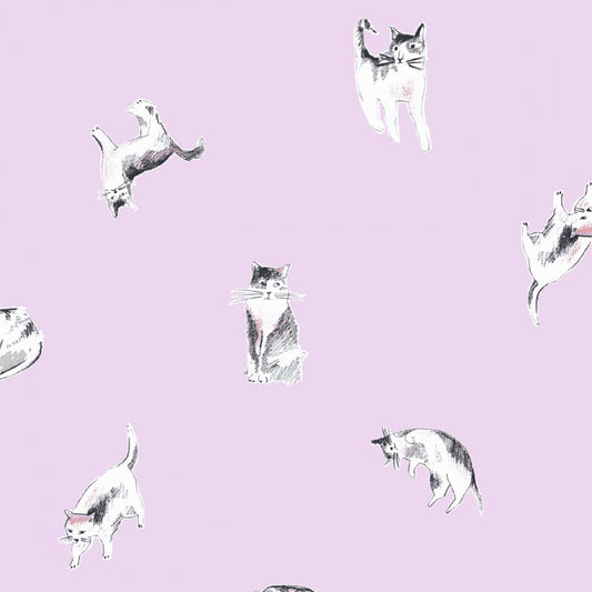 Meow Mix Cotton Fabric - Cats Print - Orchid Purple