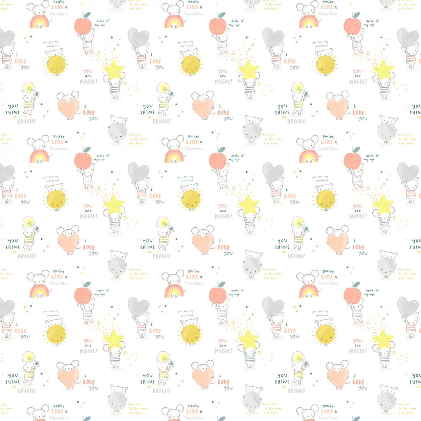 Shine Bright Little One - Rainbow Mice and Bears - White - Cotton Fabric
