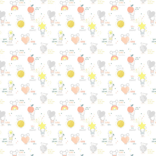 Shine Bright Little One - Rainbow Mice and Bears - White - Cotton Fabric