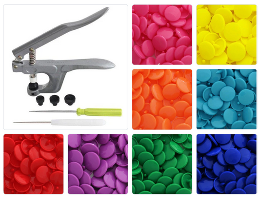 KAM Snaps Starter Set 100 Snaps Soft Rainbow & Pliers for Plastic Snaps K1  (for Sizes 16, 20, 22), Riverside Fabrics