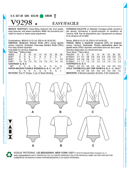 Vogue - V9298 Misses' Bodysuit  (size 6-8-10-12-14)