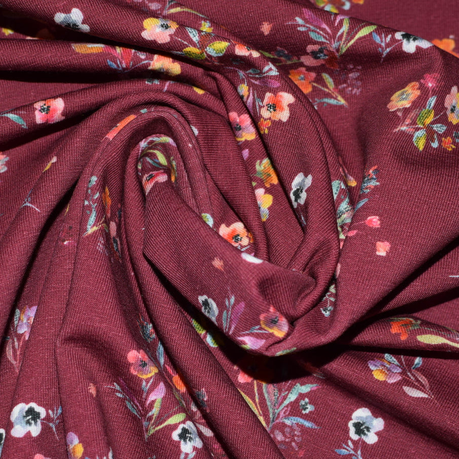 Scattered Flowers - Cerise - Digital Print - GOTS Certified Organic Cotton Jersey Knit