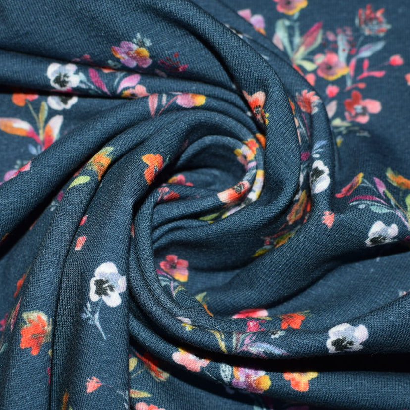 Scattered Flowers - Navy - Digital Print - GOTS Certified Organic Cotton Jersey Knit