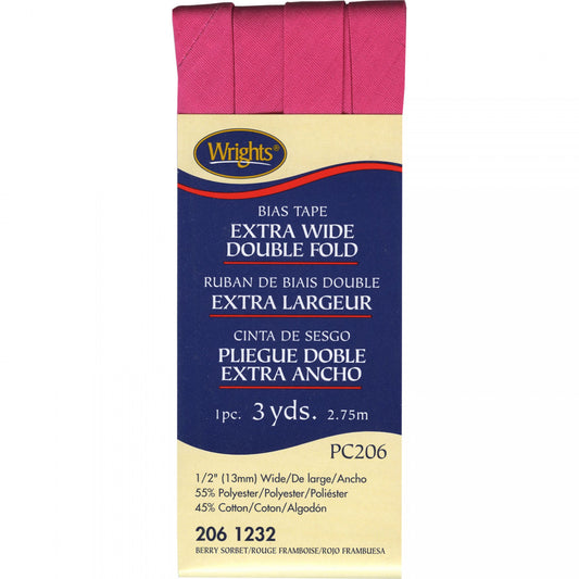 Wrights Extra Wide Double Fold Bias Tape 1/2" x 3 yds, 13mm, Berry Sorbet #232